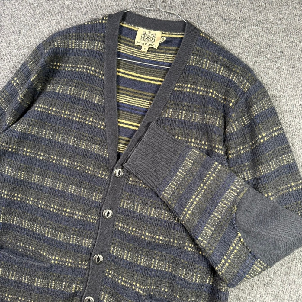 Juicy Couture Cardigan Men Large Blue Stripe Cashmere Blend Elbow Patch V-Neck